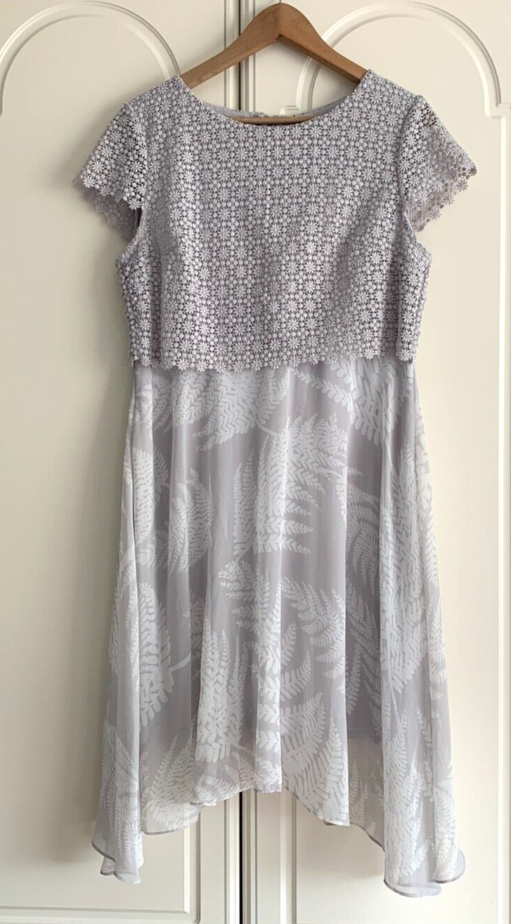 Lovely Phase Eight China Grey Floral Lace Bodice Asymmetrical Midi Dress Size 14