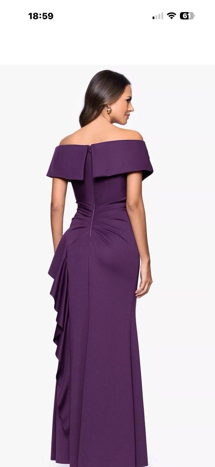 Xscape Purple Solid Off Shoulder Ruffle Ruched Long Formal Gown Dress 8