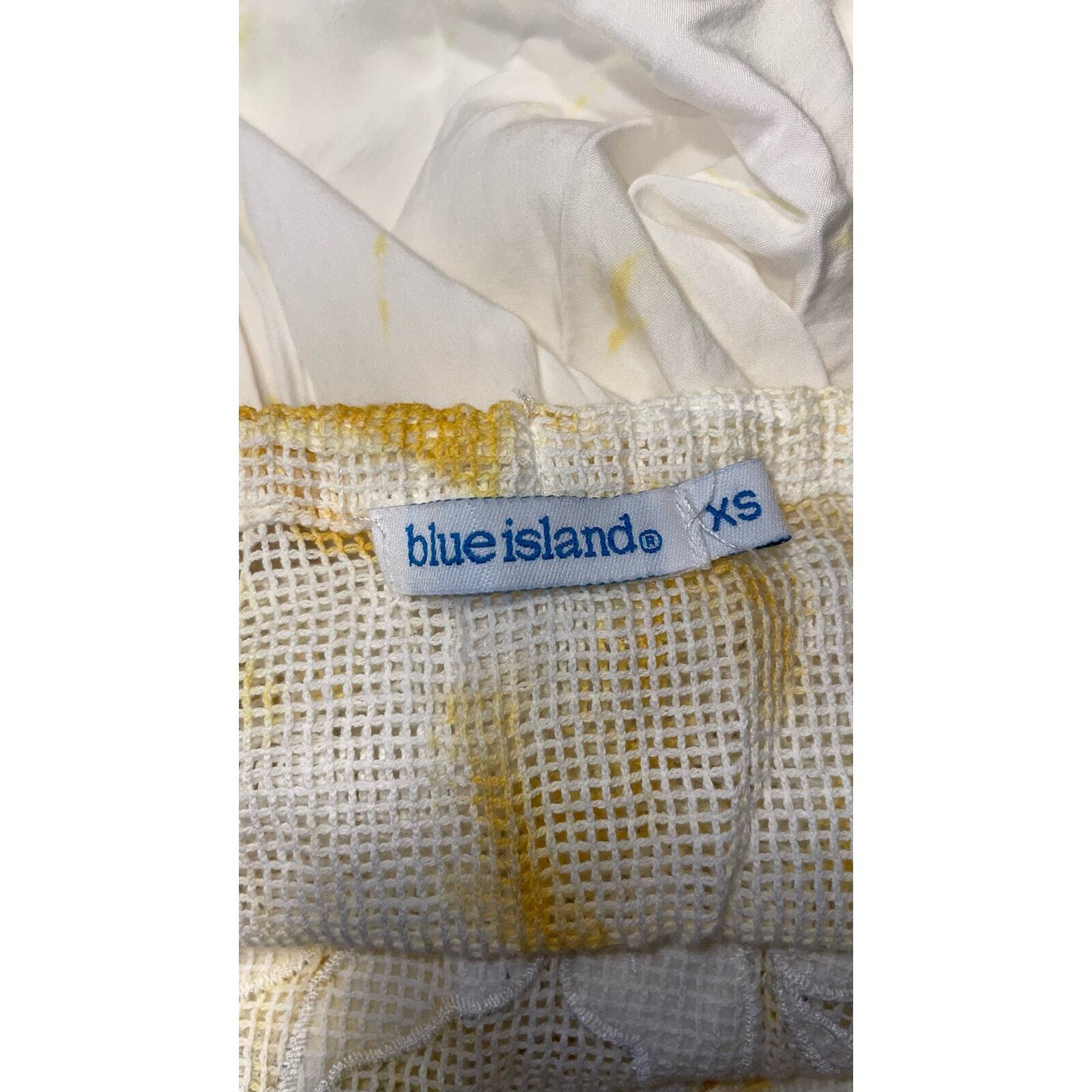 Blue Island Yellow White Tie Dye Floral Mesh Midi Dress Size: XS