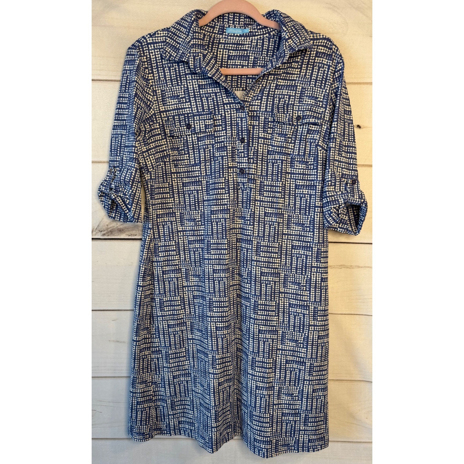 J.McLaughlin Blue White Geometric Catalina Cloth Shirt Dress Womens Medium M