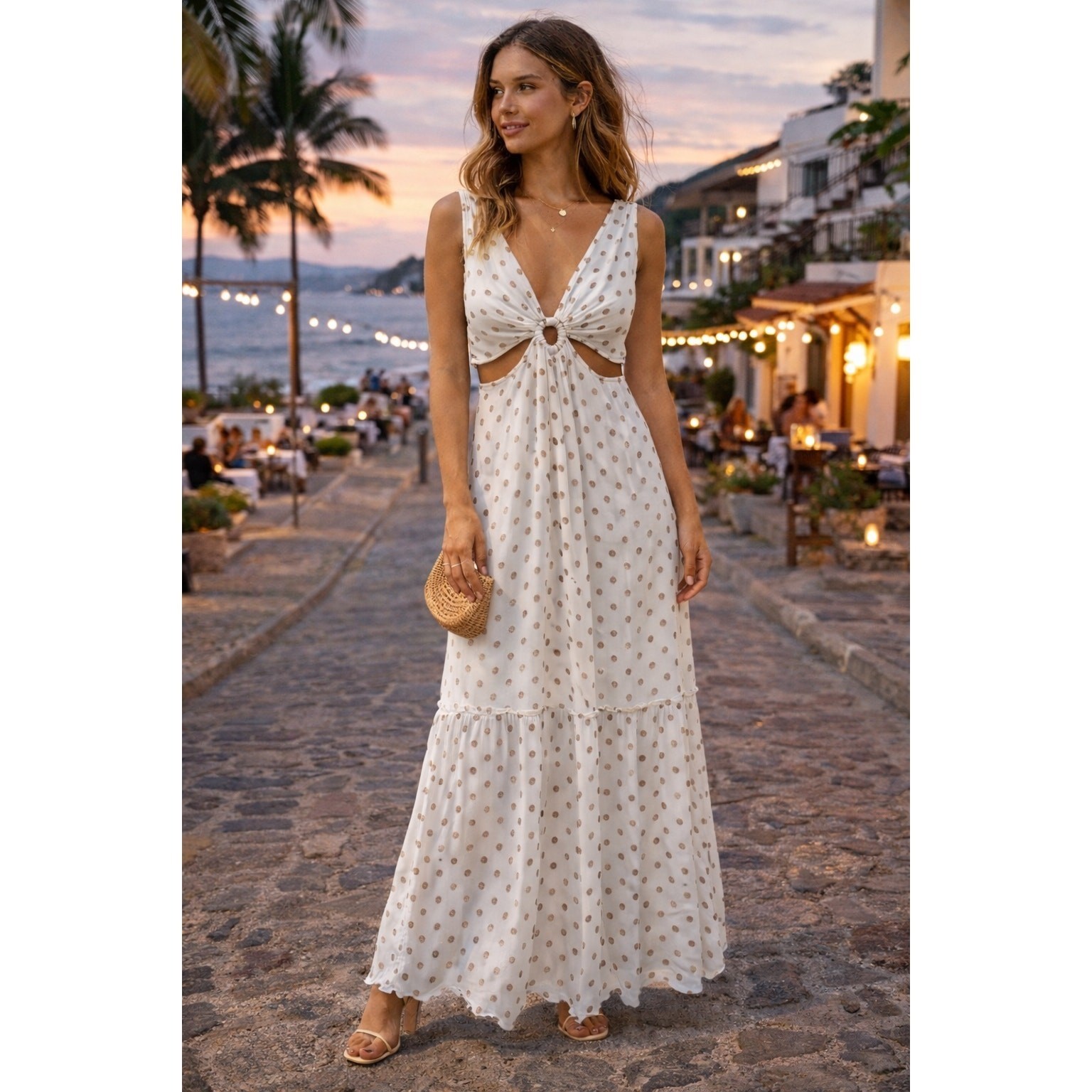 Bloom Beachwear Maxi Dress Cut-Out Lurex Polka Dot White Size Small Boho Resort