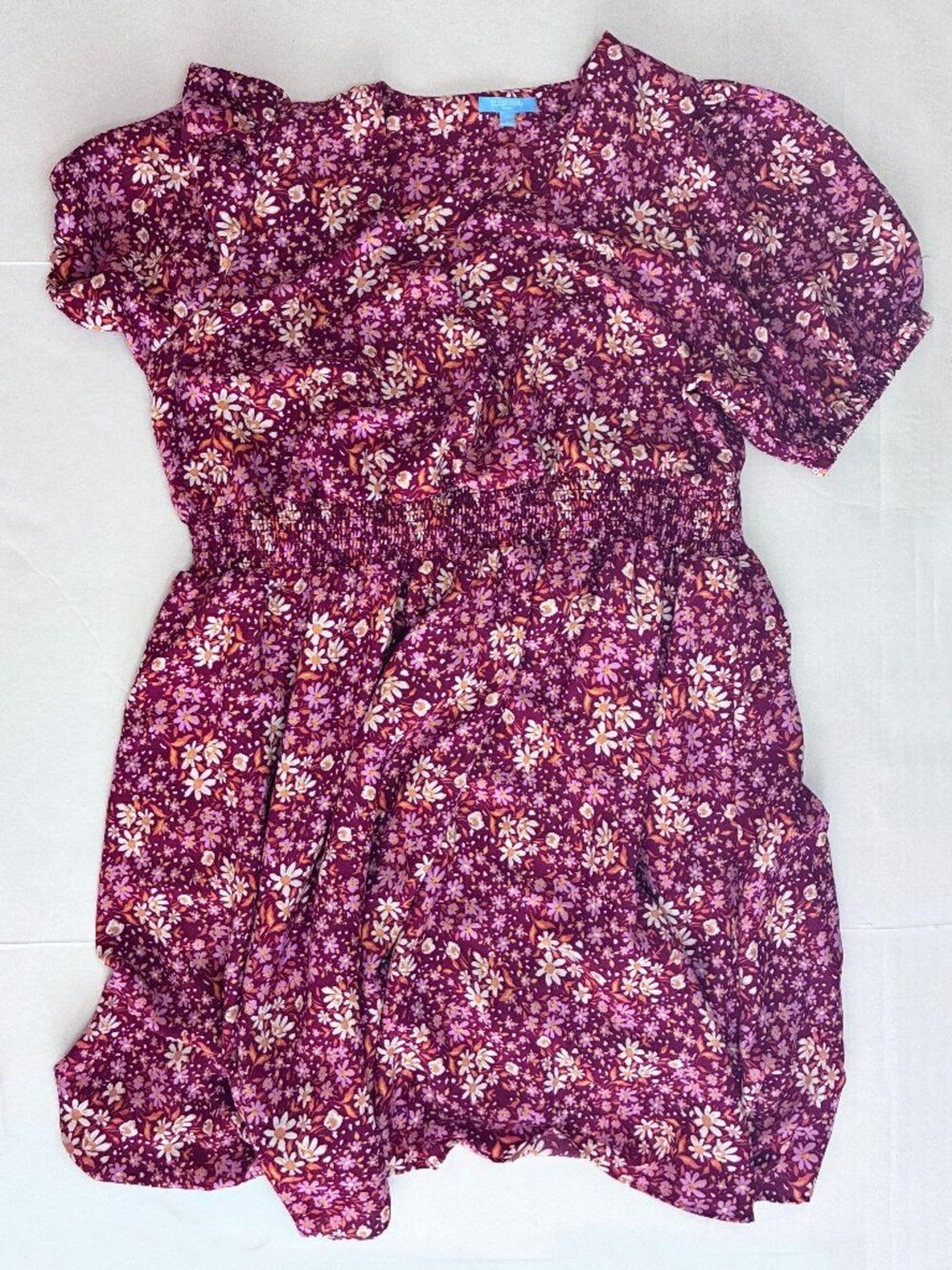 Draper James Floral Puff Sleeve Smocked Waist Faux Wrap Dress – Burgundy – 2X
