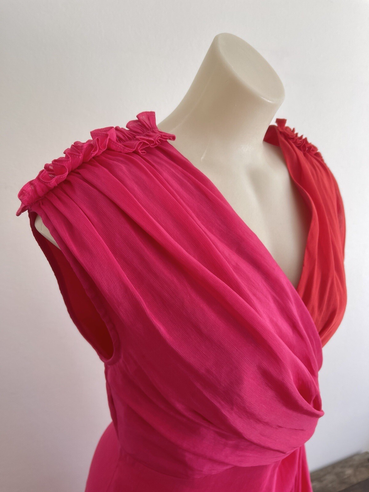 LEO LIN Silk Midi Dress Pink Red Draped Asymmetric Grecian Party Size AU 12 L