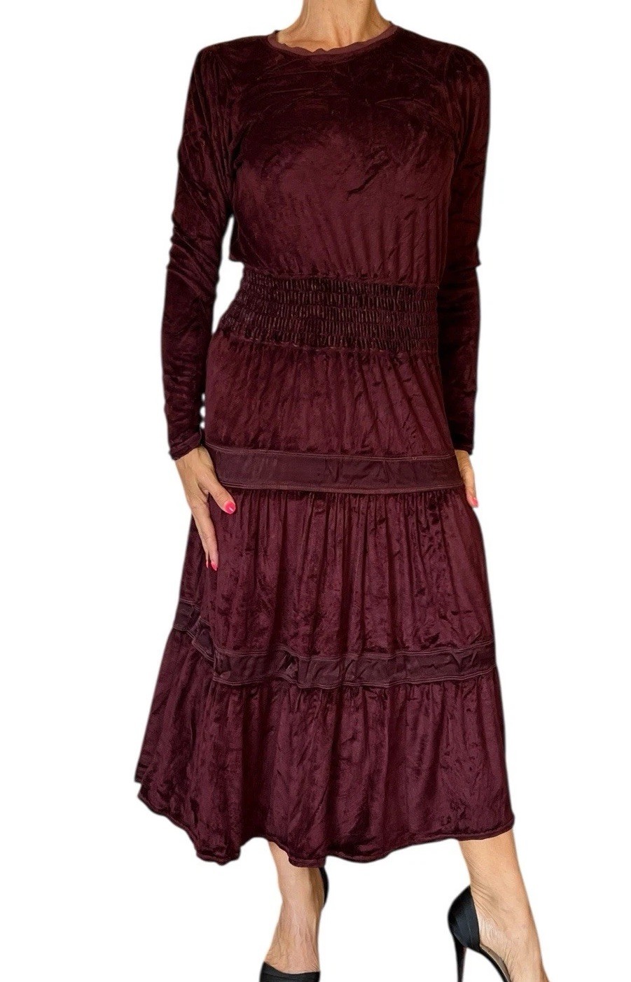 Hard Tail Velour Boho Maxi Dress Bordeaux Smocked Long Sleeve Tiered PANE-44 S