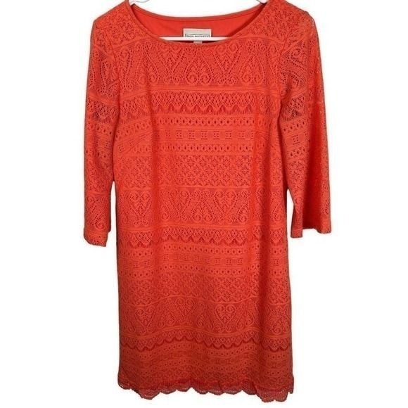 Dana Buchman Coral Orange Lace Sheath Dress 3/4 Sleeve Scallop Hem Size 8