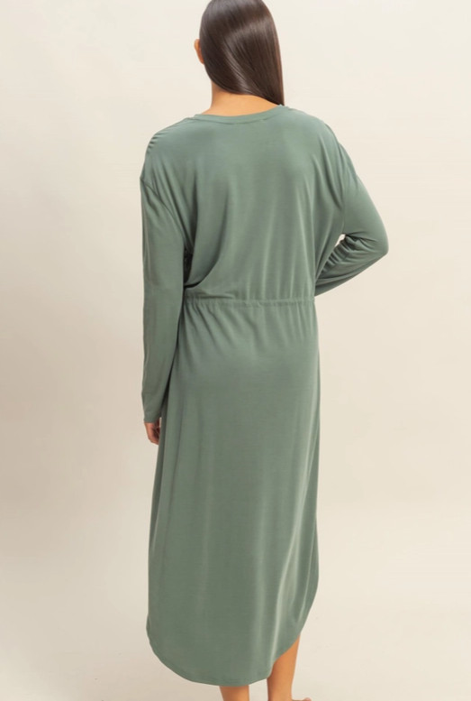 Double Zero Drawstring Waist Long Sleeve Midi Dress gray green