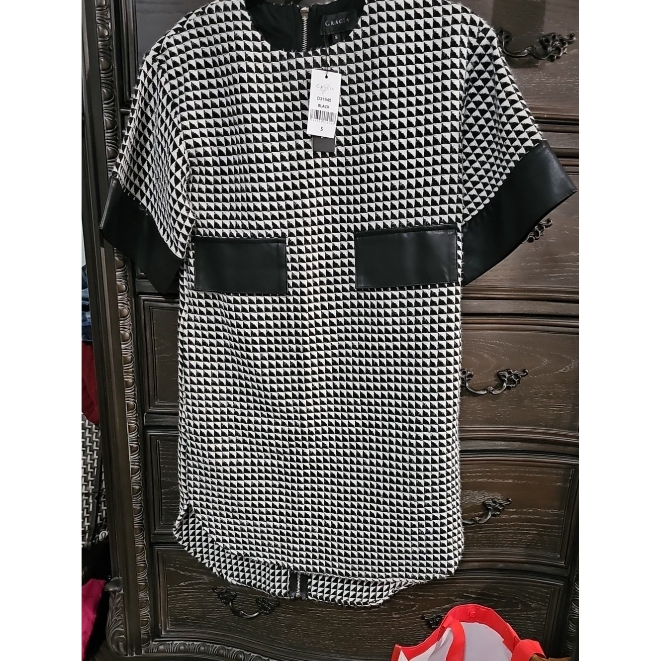 Gracia Black and White Geometric Shift Dress with Faux Leather Trim
