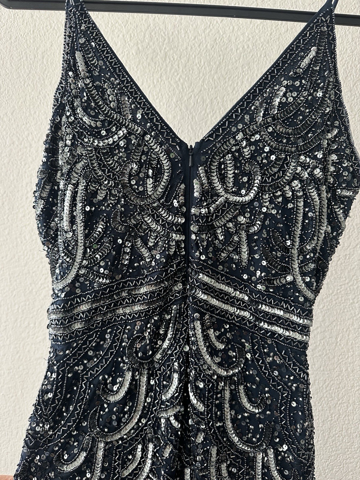 BEAUUT Navy Silver Beaded Sequin Art Deco Sheath Dress NWT V-Neck Long Size 8