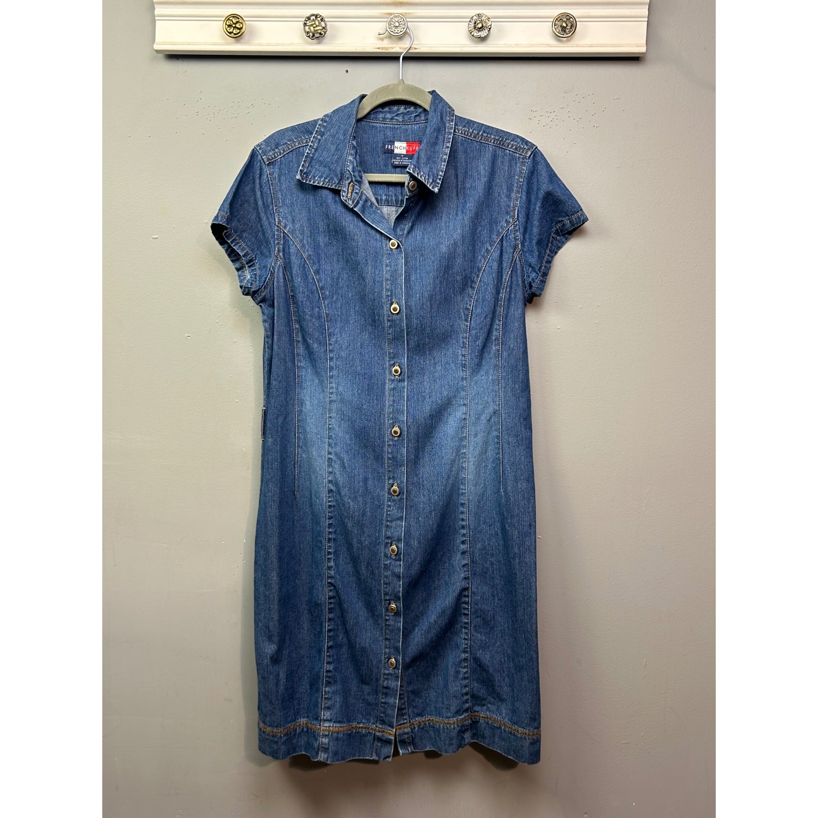 French Cuff Womens Denim Shirt Dress Womens 10 Retro Blue Cotton Button Down