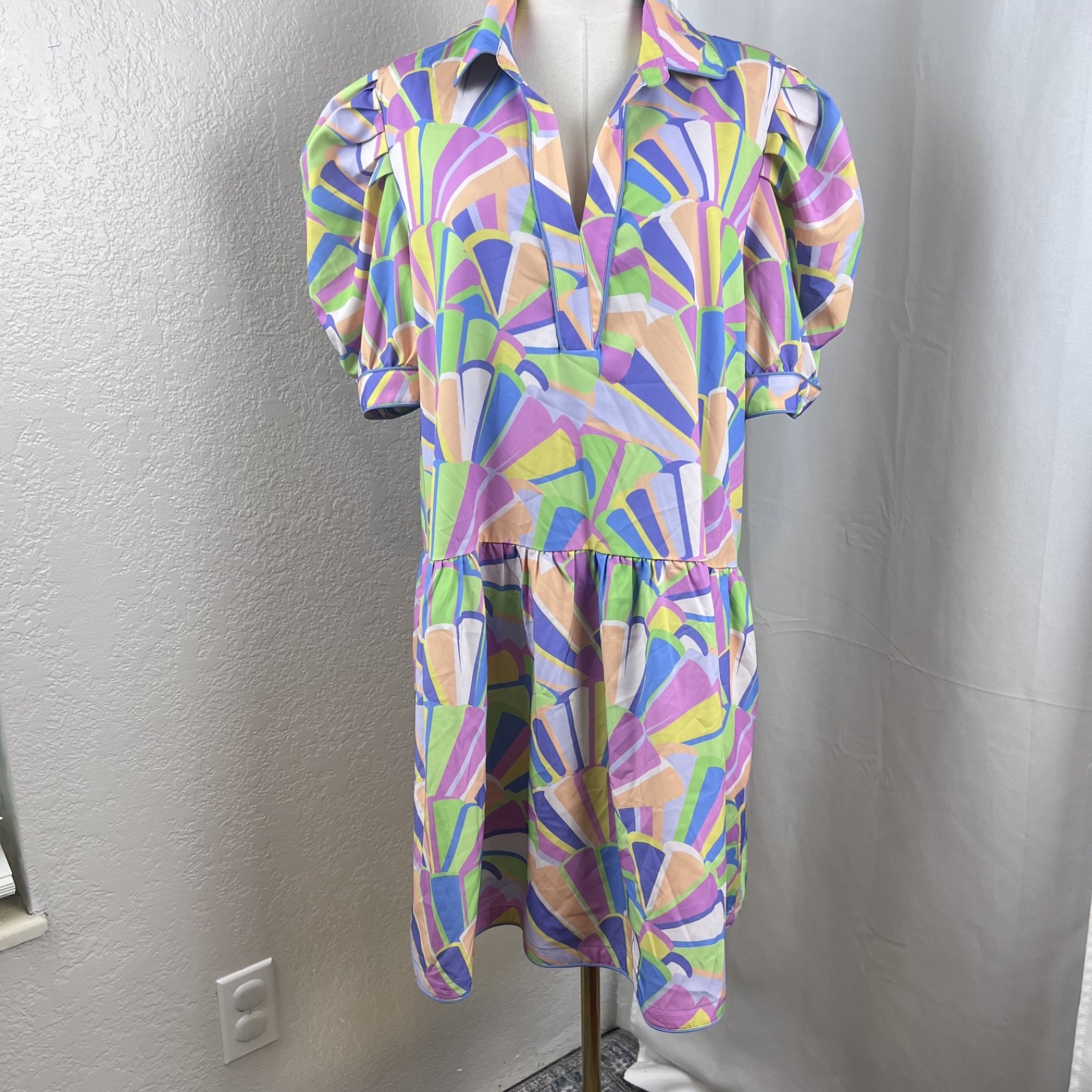 SSYS Mini Dress Womens XL Colorful Fan Kendall Puff Sleeve Boho Resort Vacay