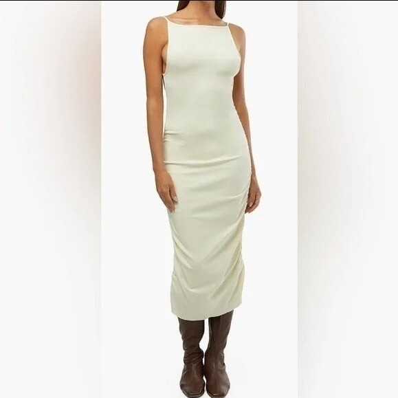 WeWoreWhat Revolve Open Back Ruched High Neck Bodycon Midi Dress Cream L NEW