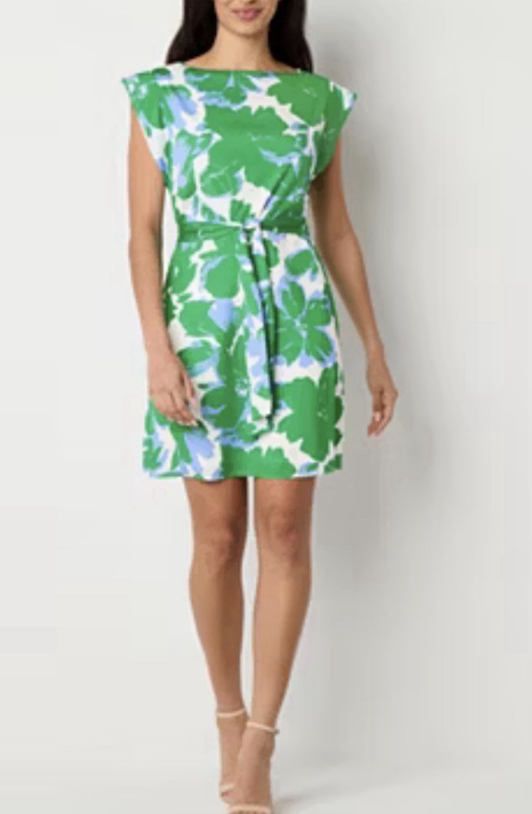 Willow Glenn Womens Green Floral Short Sleeve Shift Dress Waist Tie Sz Medium