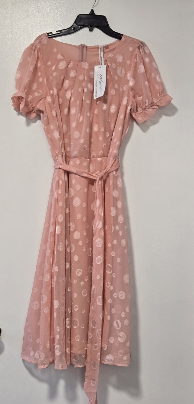 NWT NY Collection Peach Swiss Dot Self-Tie Dress Size Petite Large