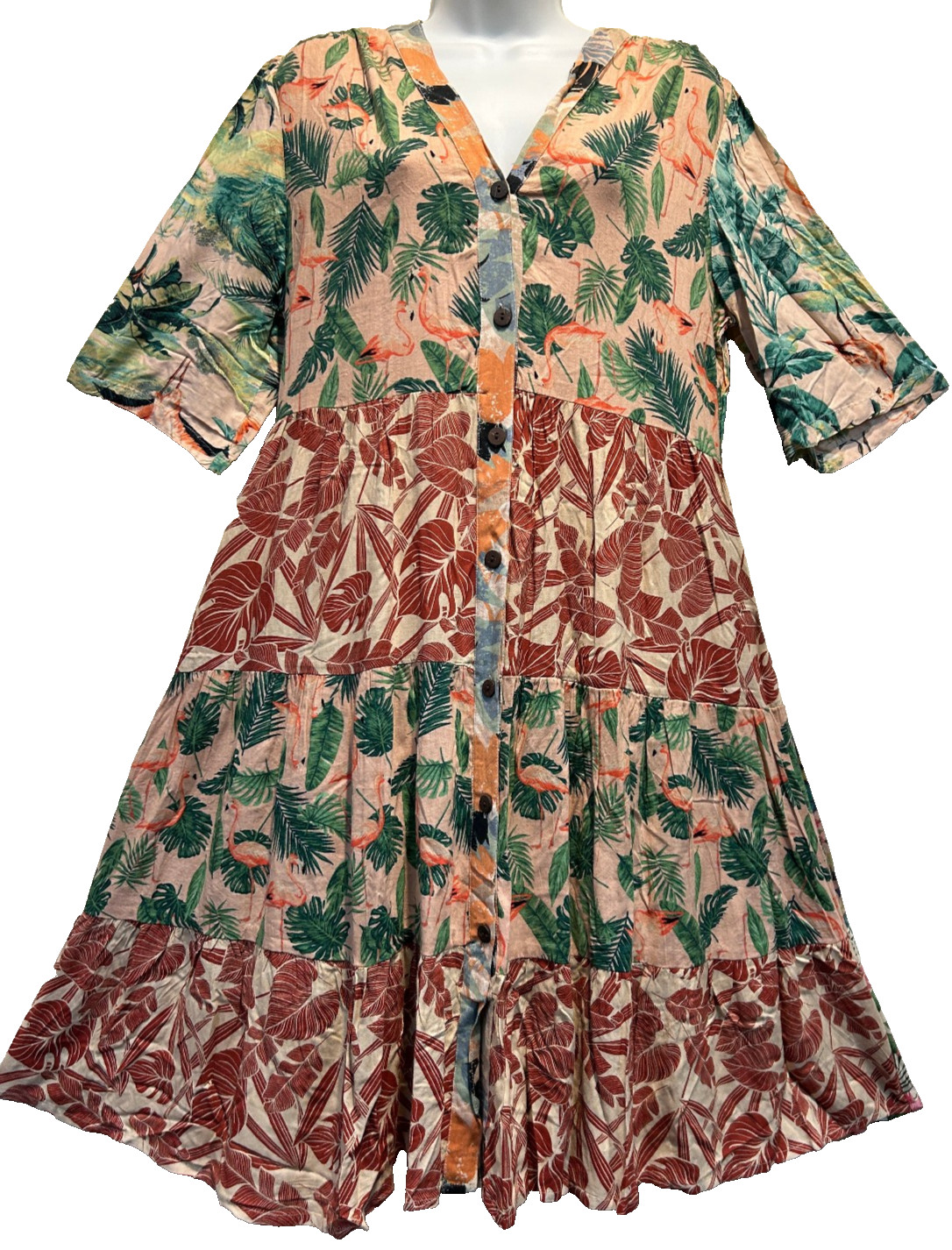 Nwt SACRED THREADS floral bohemian funky hippie rayon tier DRESS L Free shipping