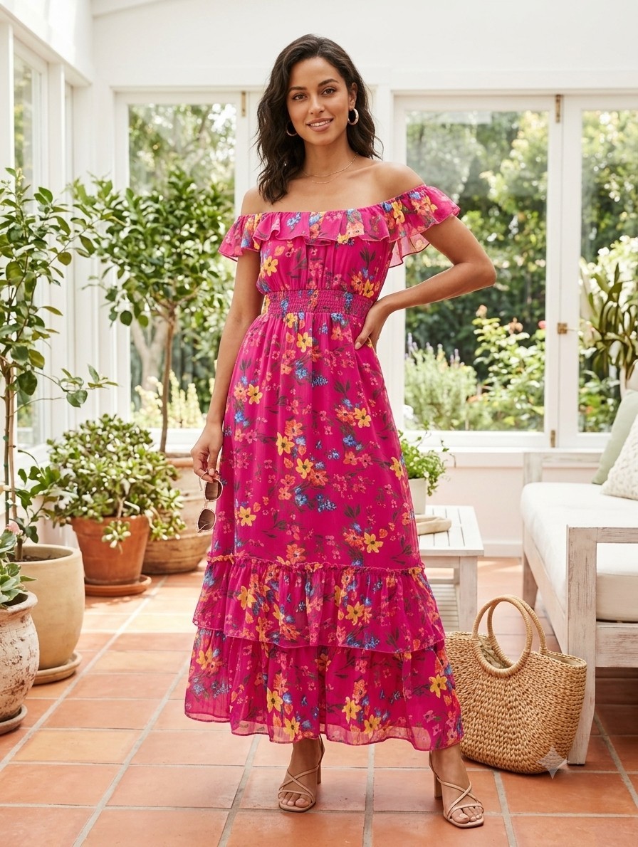 Old Navy Pink/Multicolor Floral Chiffon Off Shoulder Smocked Ruffle Maxi Dress