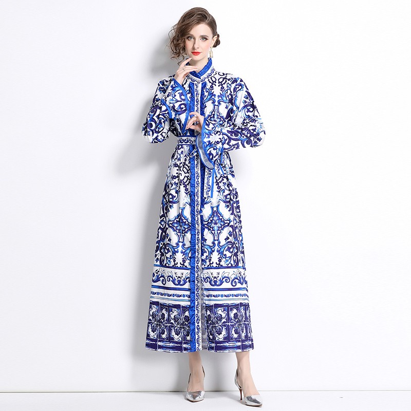 Vintage Baroque Floral Print Ruffled Stand Neck Bow Tie Women Casual Shirt Dress