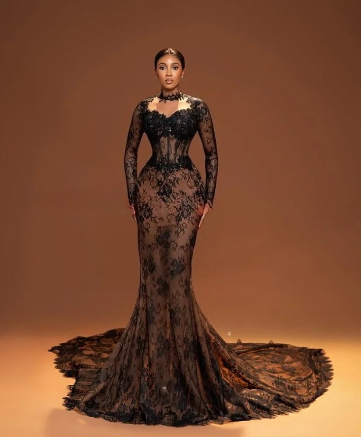 High Neck Long Sleeve Black Lace Corset Mermaid Evening Dress Long Train Custom