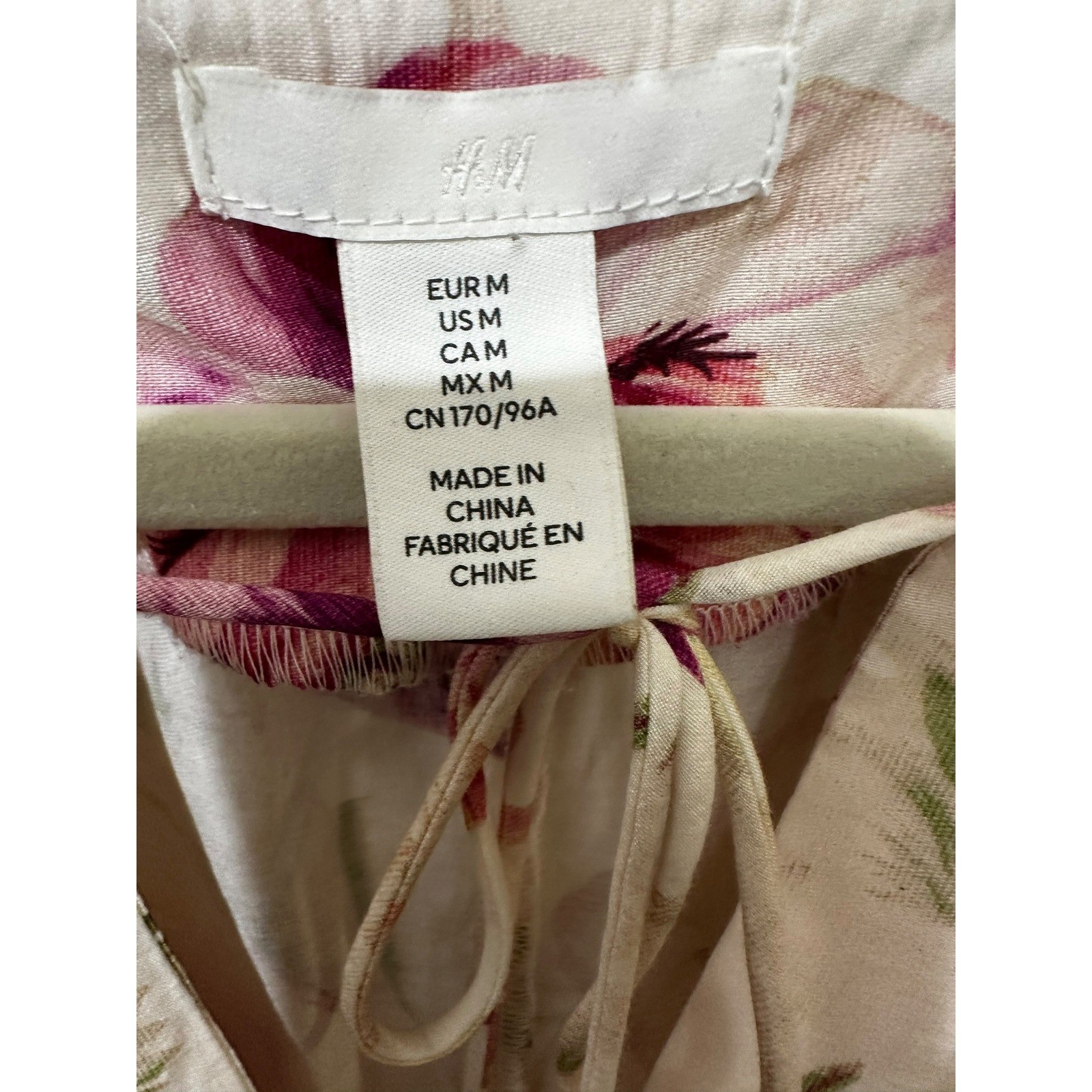 H&M Floral Linen Blend Puff Sleeve Mini Dress Cream Pink Cottagecore Womens M