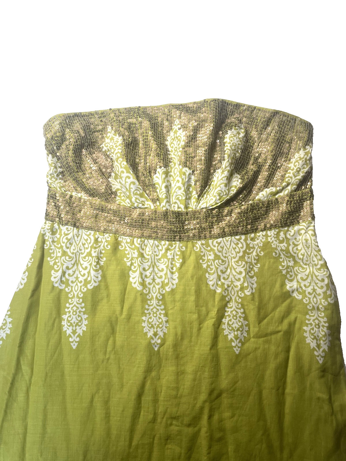 Vintage Monsoon Lime Green Sequin Strapless Maxi Dress UK 16 Boho Summer Party