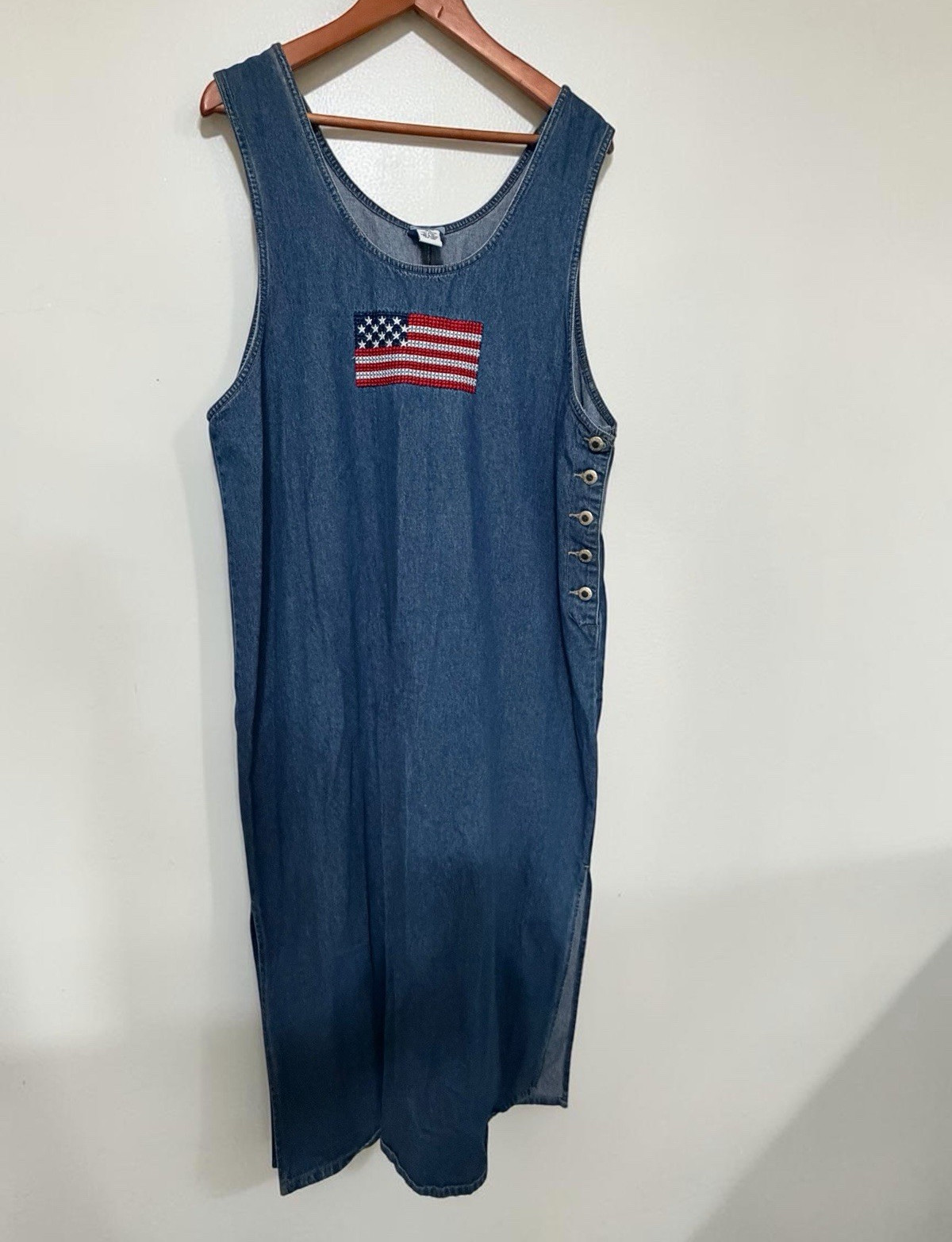 ⁠VTG 90s Carolina Blues Denim USA Flag Americana Jumper Dress Plus Size 16W⁠