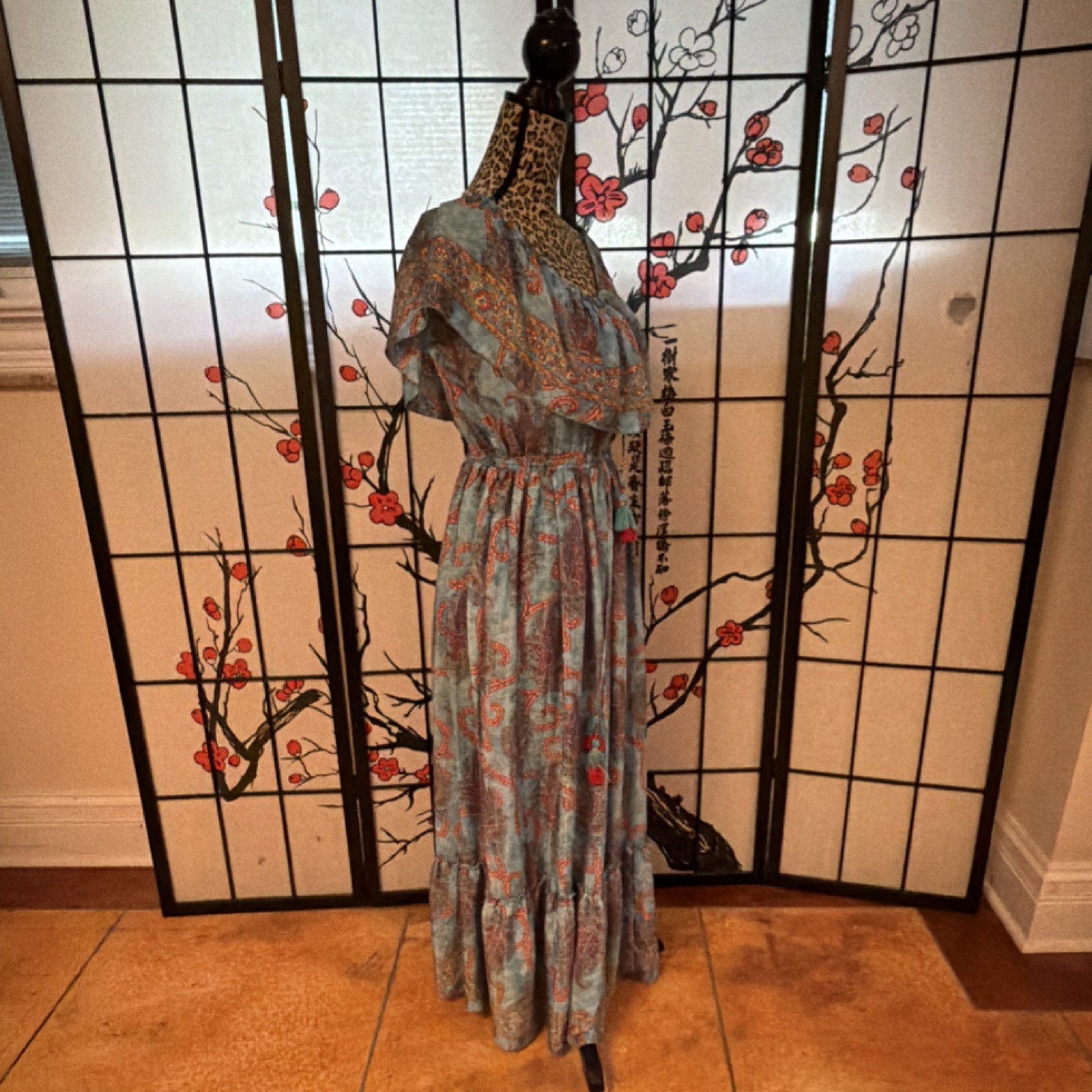 NWT Crème Bohème Silk Blend Maxi Dress Blue Paisley Off Shoulder Ruffle Bohemian