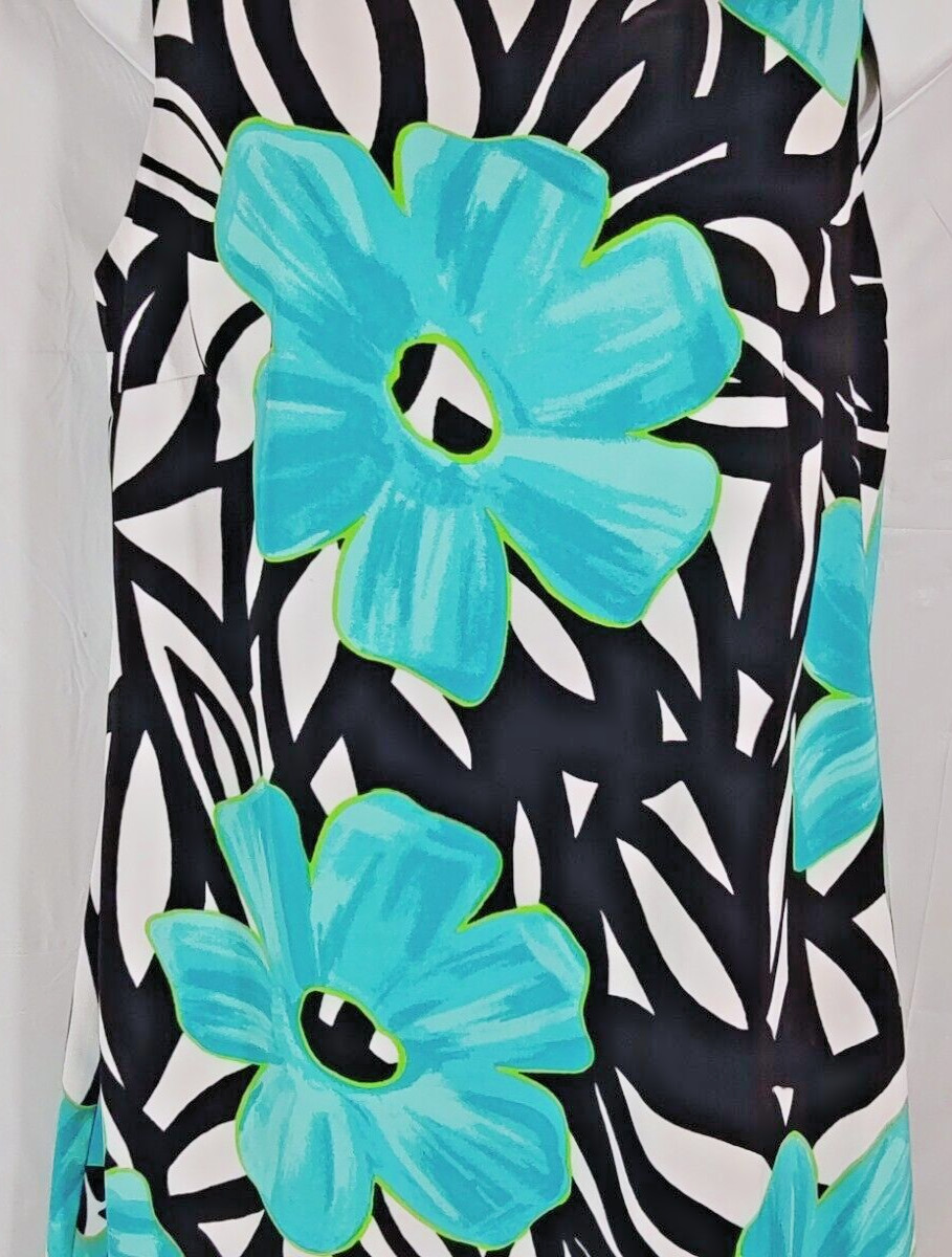 AB Studio Dress 10 Basic Shift Sheath Black Teal Blue Floral Sleeveless Stretch