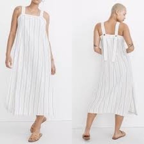 Madewell Striped Linen Blend Button Strap Midi Dress White Blue Tan Large