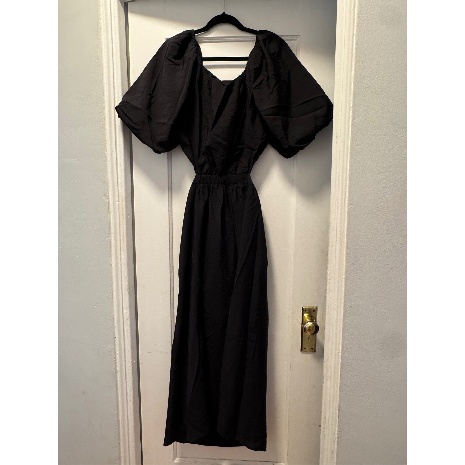 HM Black Puff Sleeve Cutout Midi Dress Womens Large Elastic Waist Viscose Blend