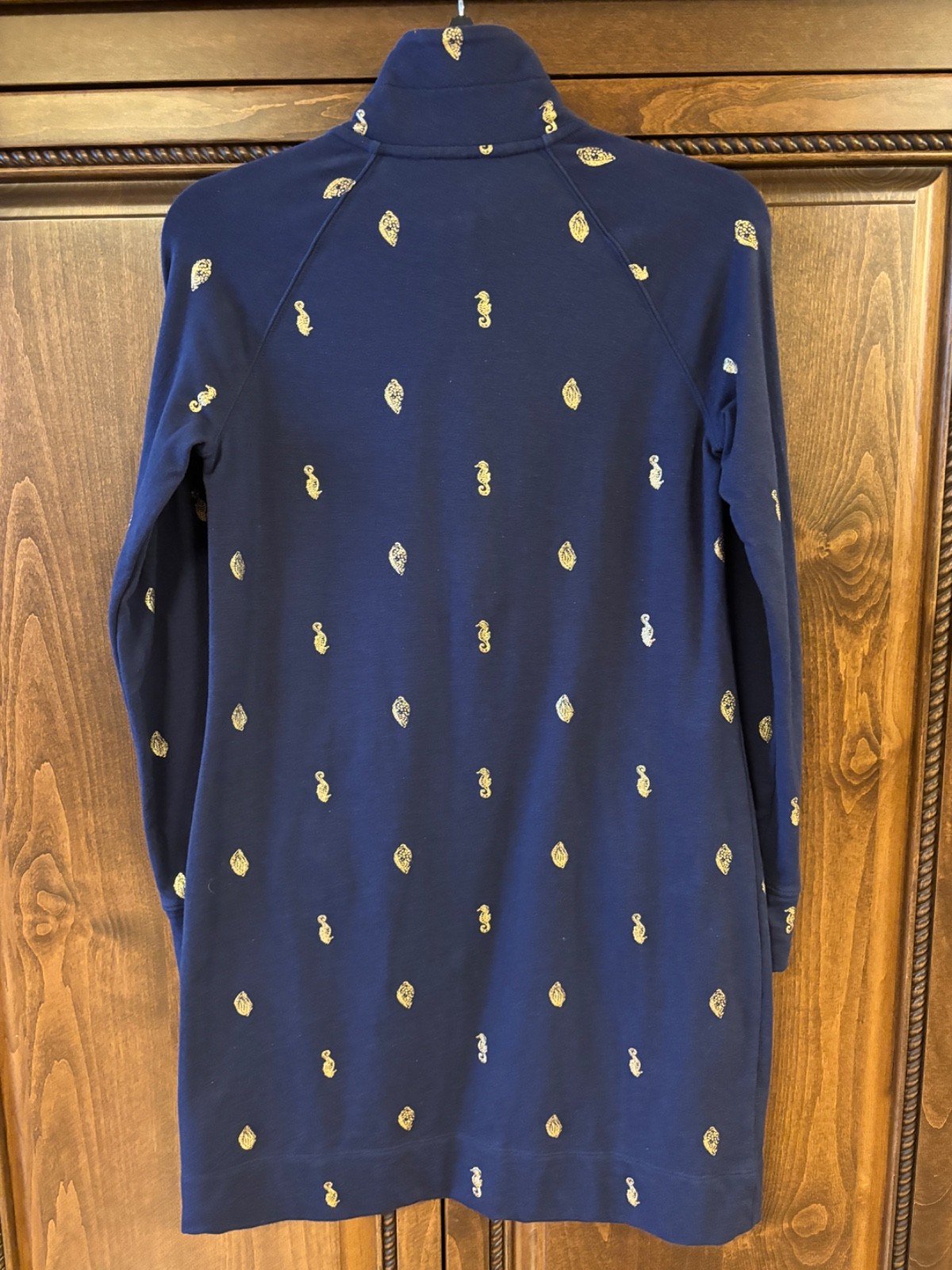 Lilly Pulitzer Quarter Zip Sweatshirt Dress, Navy W/ Gold Seahorses size XS