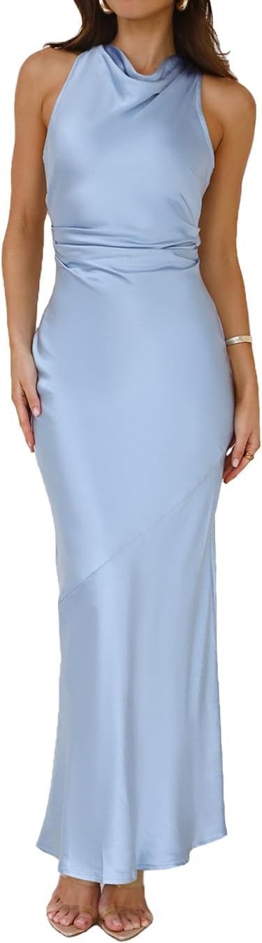 Satin High Neck Backless Maxi Dresses for Women Summer Silk Elegant Ruched Waist