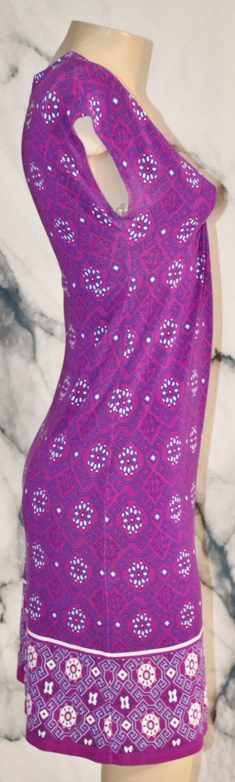 CHAPS Berry Blue Beige Patterned Dress Small Slight Cap Sleeve Twist Bust