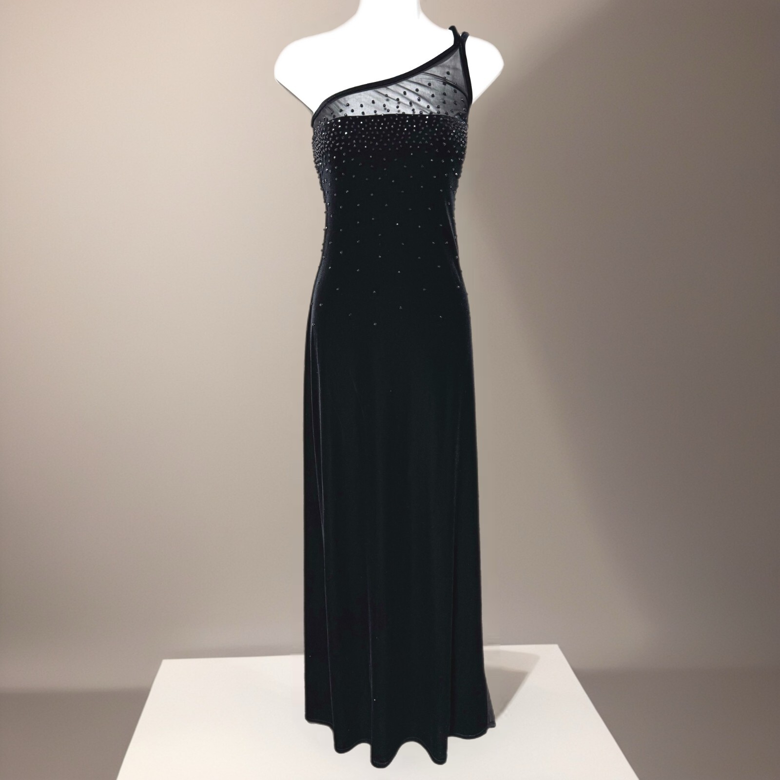 Black Beaded Velvet One Strap Semi Sheer Dress Formal Gown 5/6 Whimsy Y2K 90s