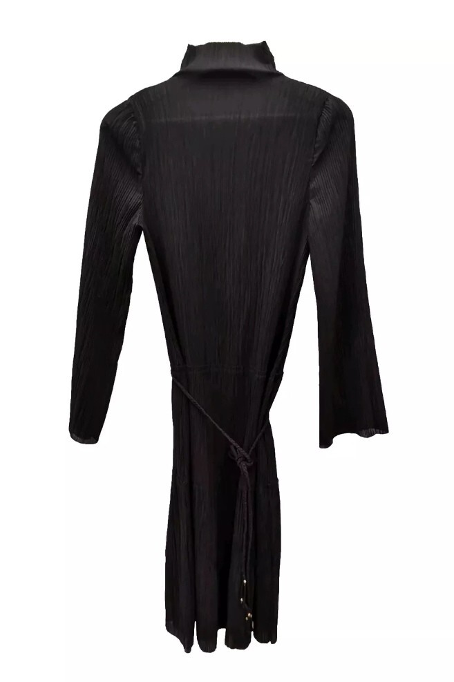 HUSK Sz XS Or S Black Crinkle Midi Dress High Neck Tiered Tie Waist