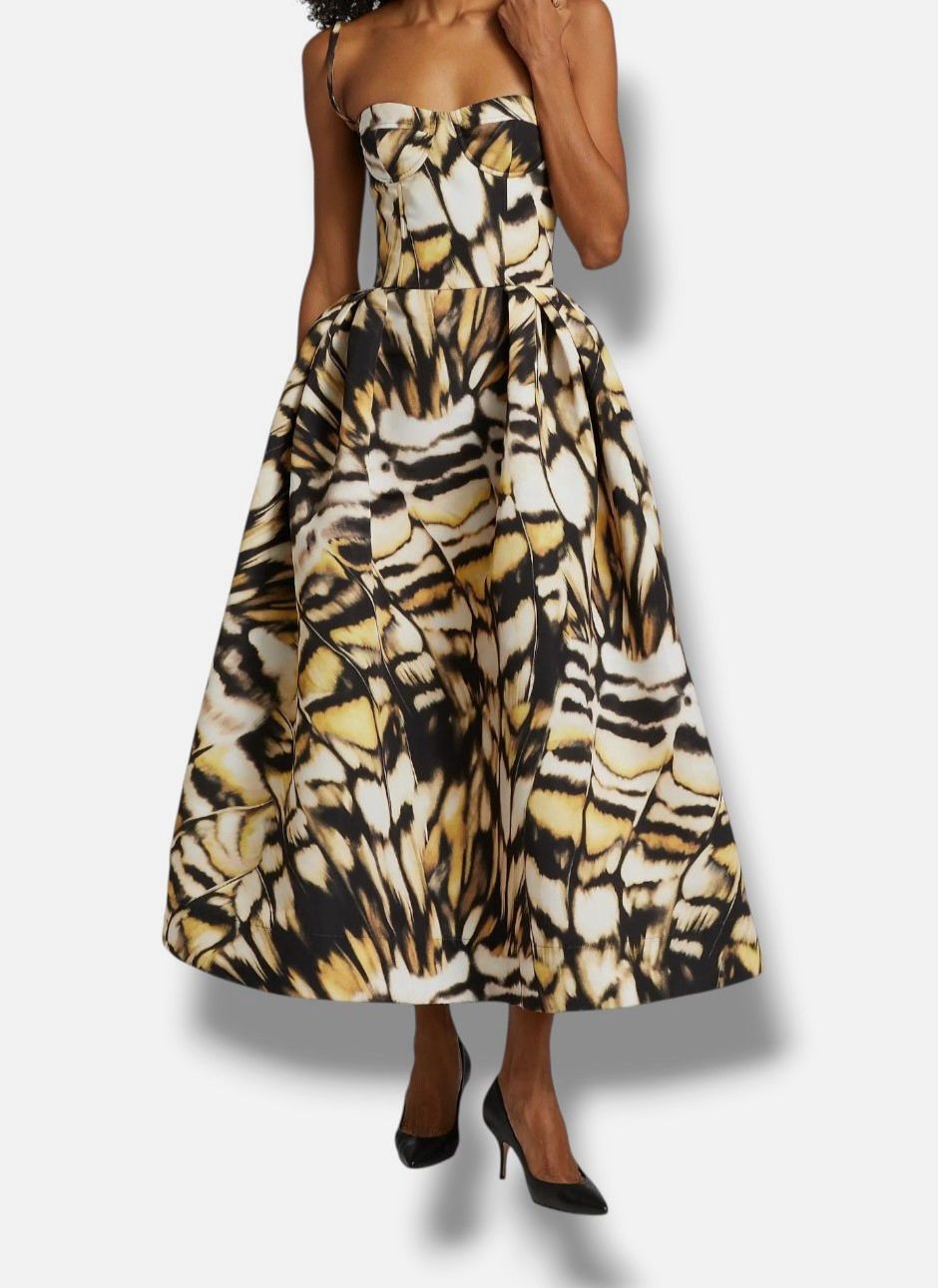 Oscar de la Renta Womens Yellow Butterfly Faille Bustier Tea-Length Dress Size 2