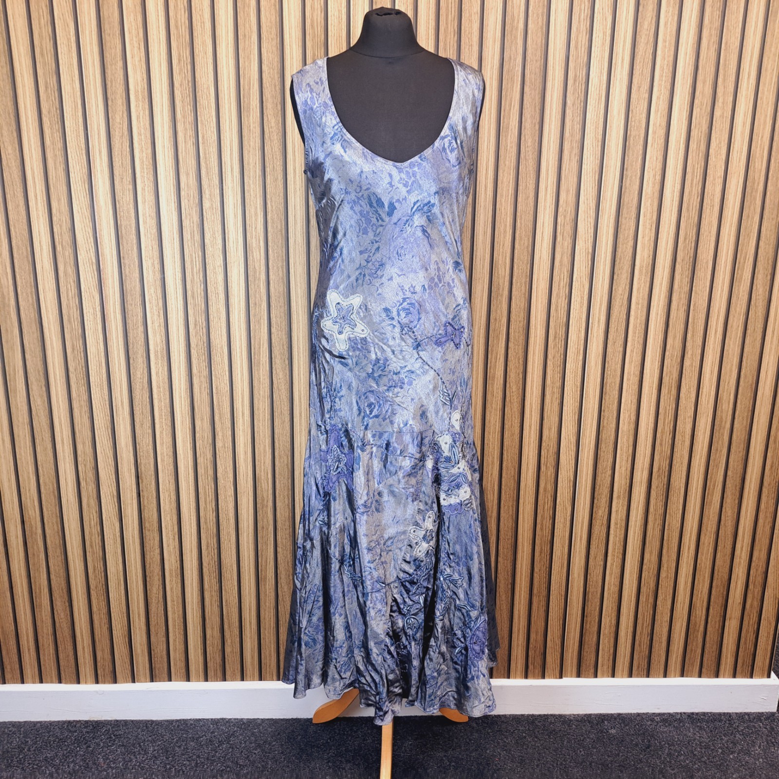 Per Una Evening Dress Long Silver Blue Satin Stretch UK 12 Fit Flare