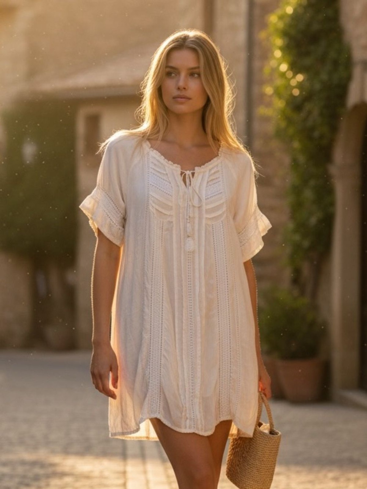 Lagaci Boho Cottagecore Dress Cover Up Peasant Cream Rayon Soft Knit Embroidery