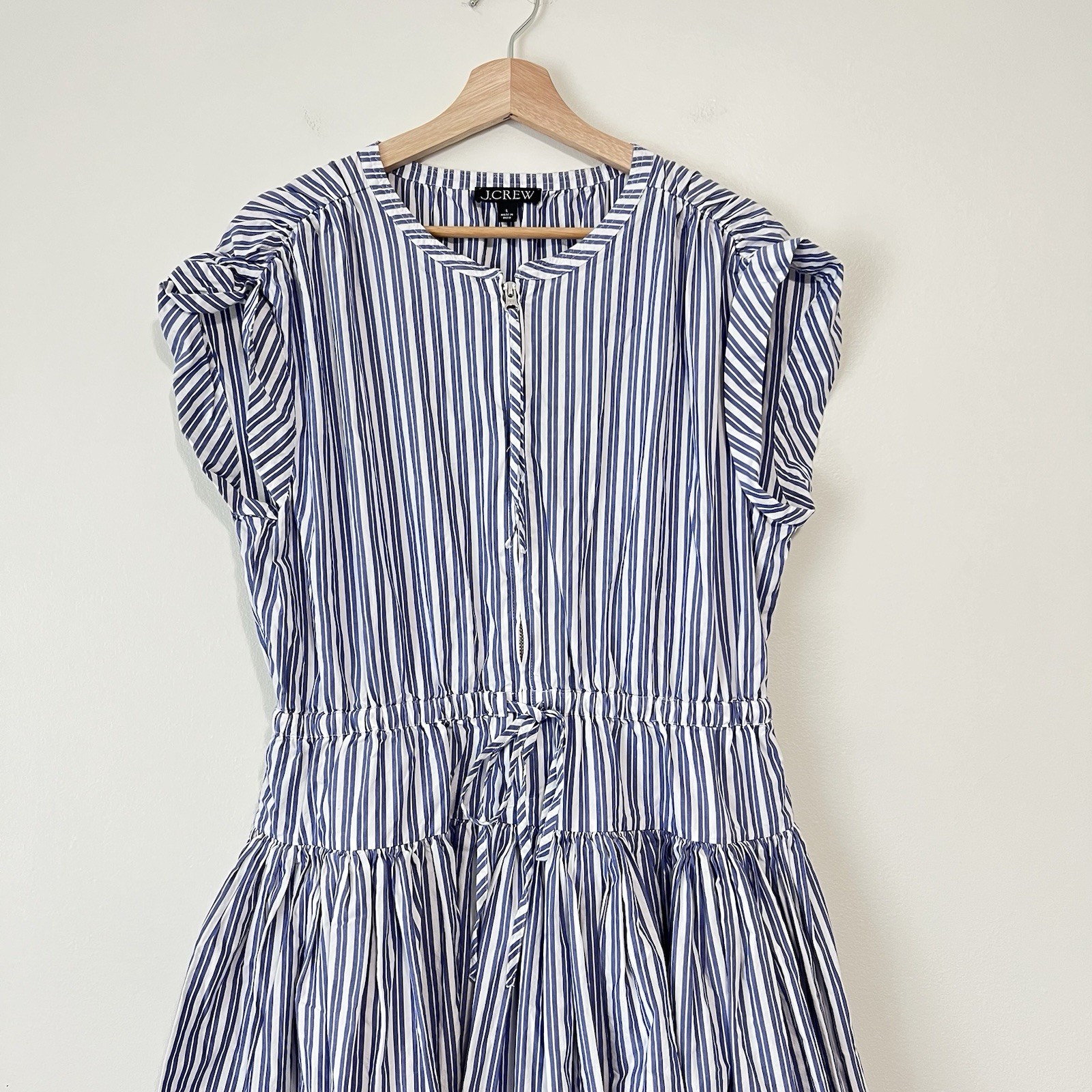 J.Crew Striped Cotton Poplin Drop Waist Midi Dress Size Large Blue White Pockets