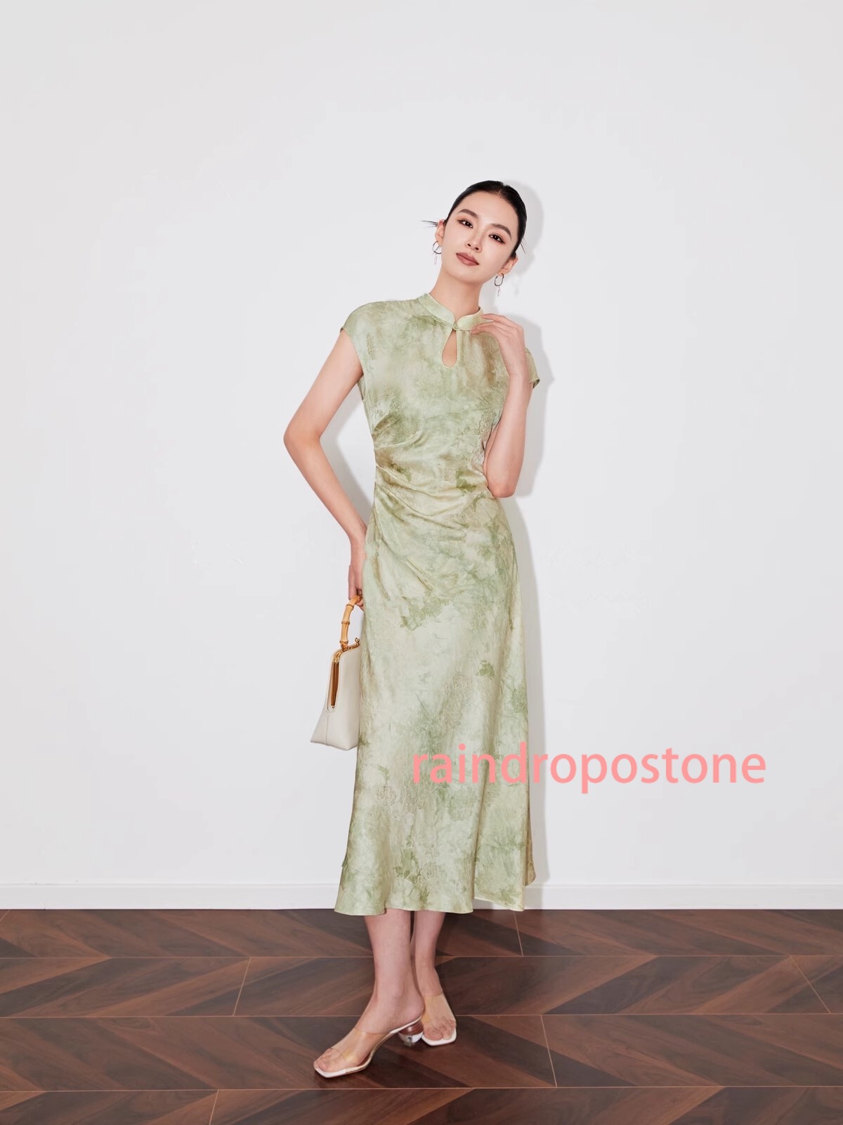 Womens Stand Collar Floral Printed Mid Long Dress Sleeveless Retro Chinese Style