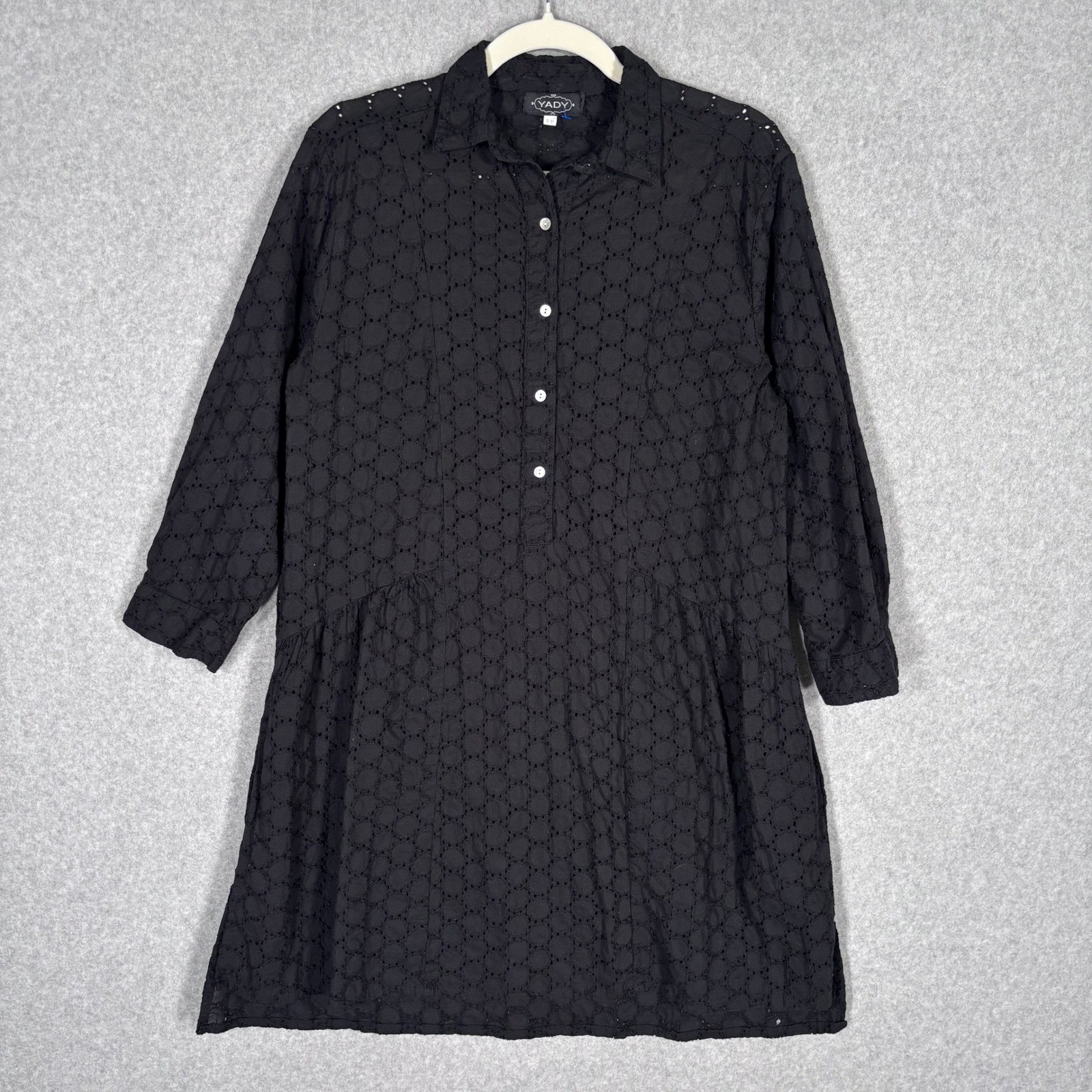Babydoll Eyelet Shirt Dress Tunic S/M Button Front Pockets Semi-Sheer Cover Up