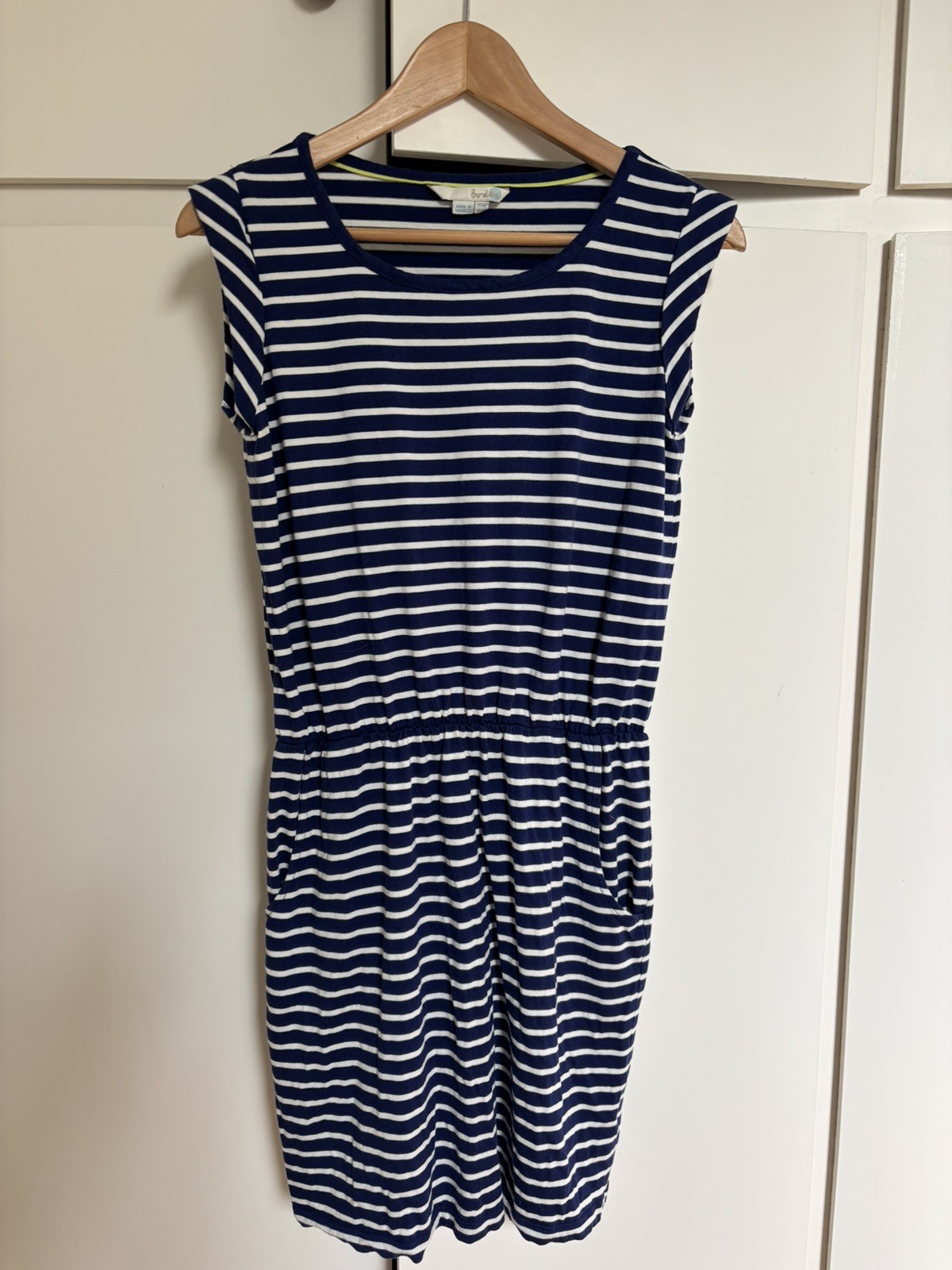 BODEN Navy Striped Dress Stretch Waist Pockets Preppy Chic Size 10P