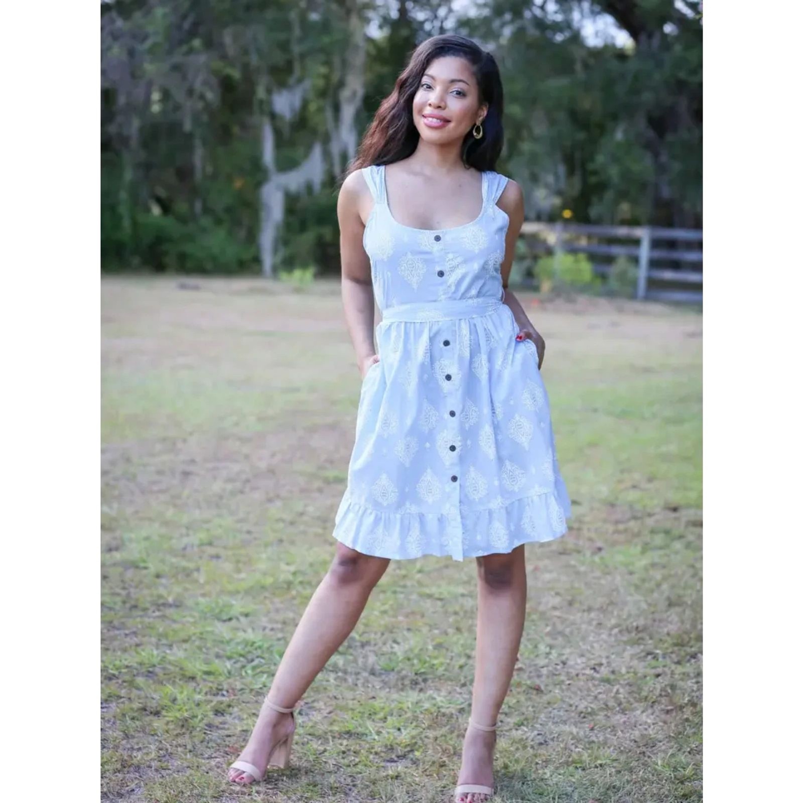 Baby Blue Summer Dress with Delicate Block Print