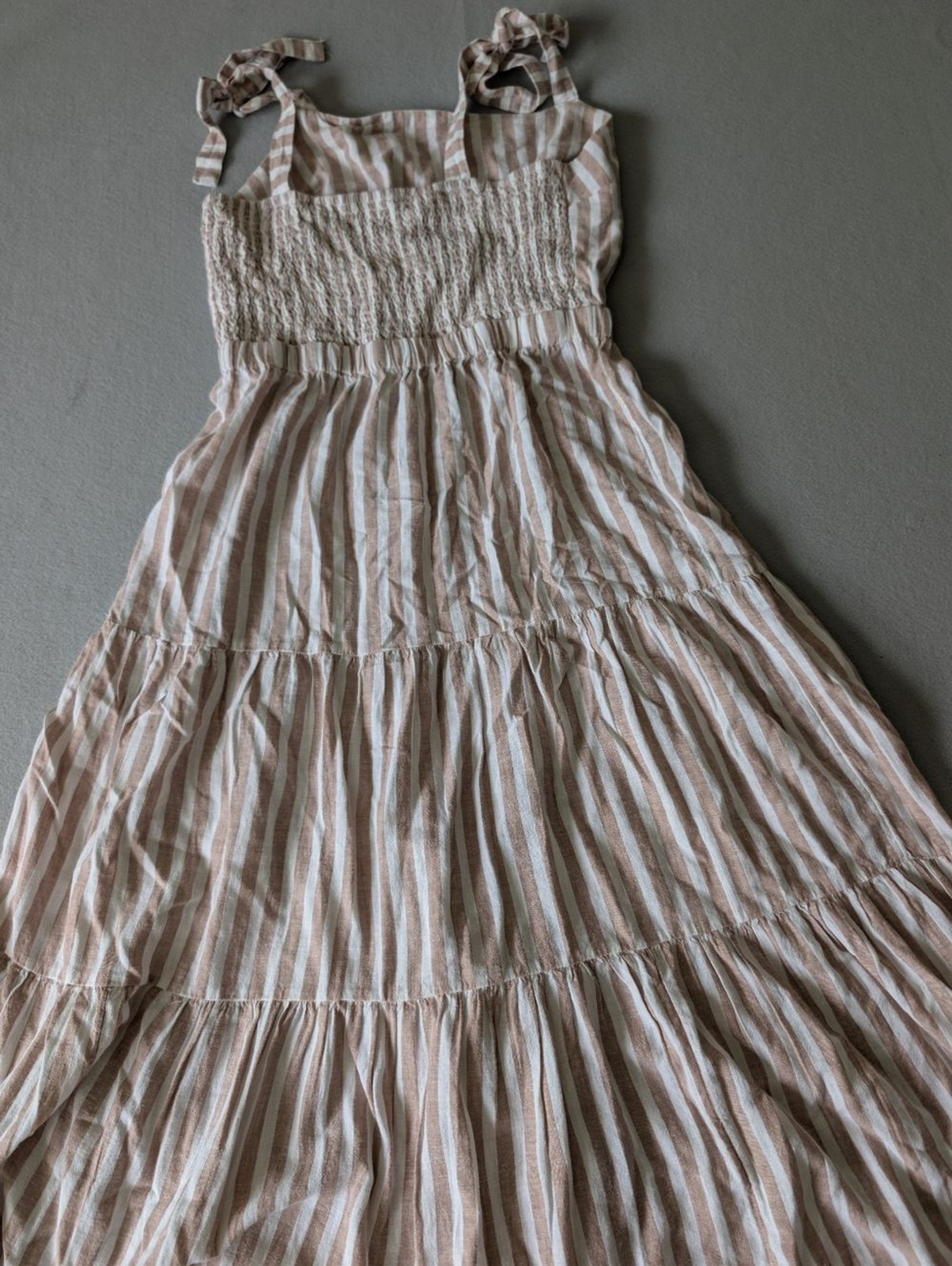 Linen Blend Tie Strap Ruffle Tier Coastal Neutral Striped Midi Dress Sz L Beach