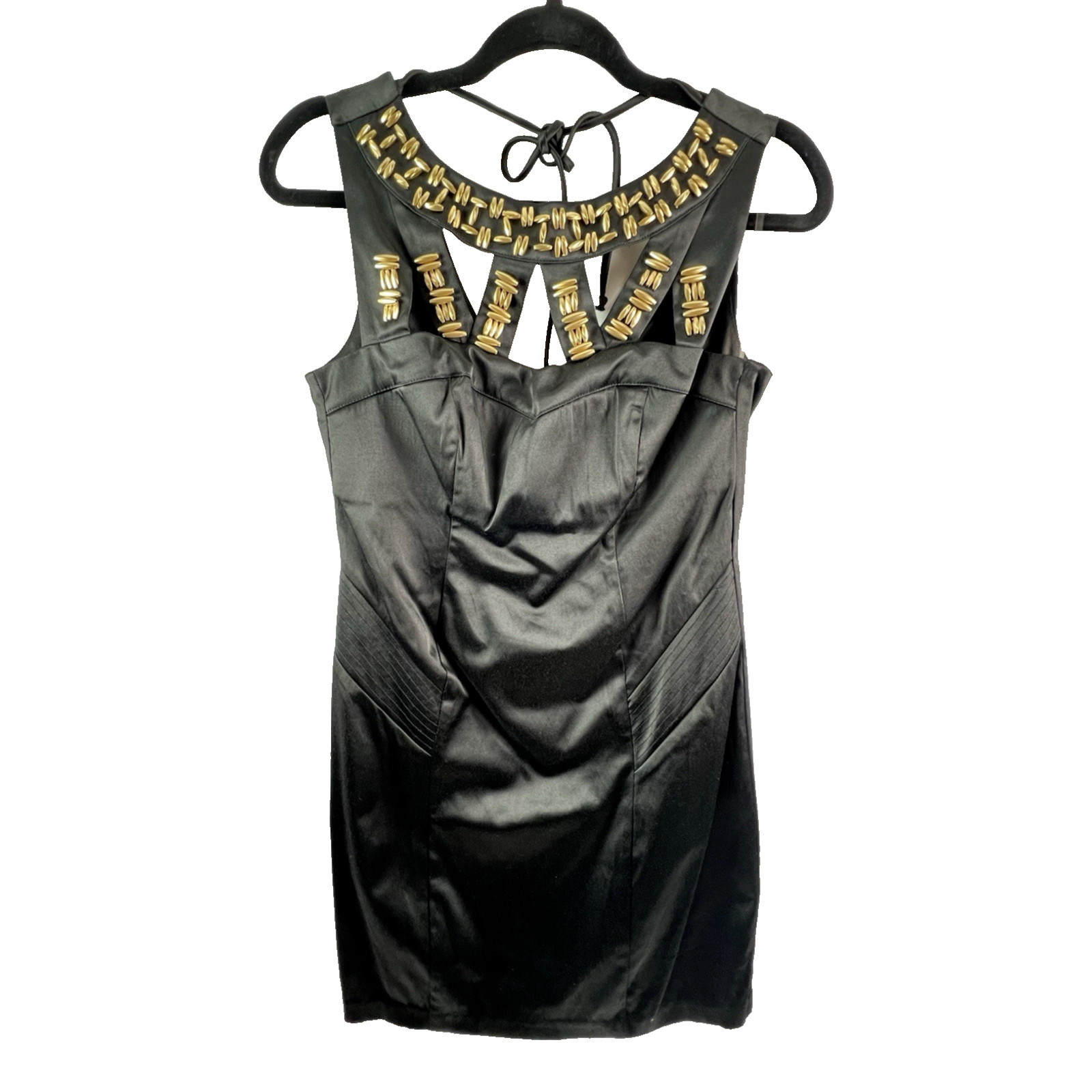 Xtraordinary Bodycon Sleeveless Black Mini Dress with Gold Beads Junior’s Size 7