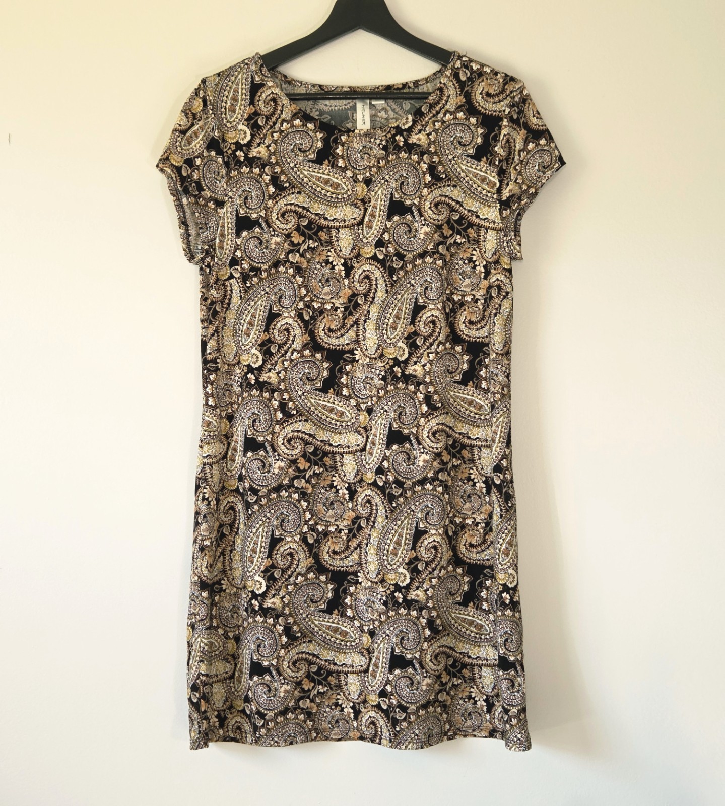 Tacera Black Gold Brown Cream Paisley Shift Dress Size PL