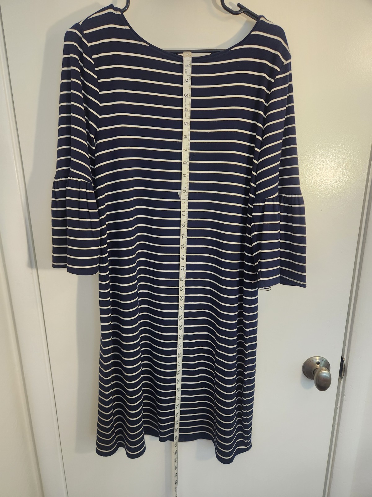 White House Black Market Dress Navy Blue & White Striped Bell Sleeve Women’s L
