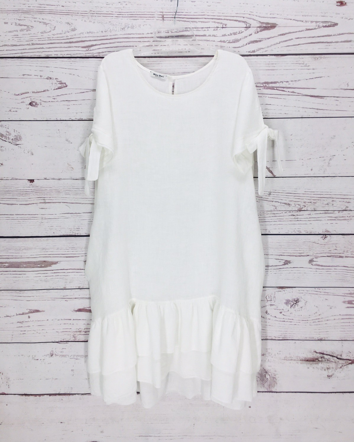 Meo Meli Italy White Linen Dress One Size Ruffle Hem Boho Coastal Beach Pockets