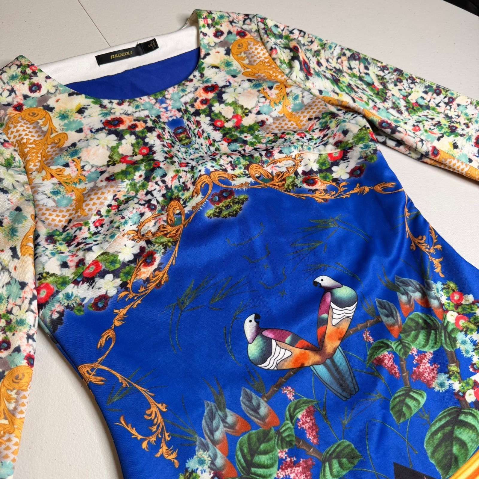 Radzoli Womens Small Blue Floral Bird Baroque Print Wool Blend Long Sleeve Dress
