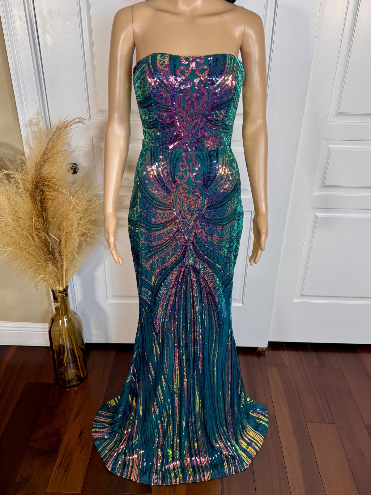 SHEIN MULTI COLOR STRAPLESS LONG SEQUIN EVENING DRESS GOWN