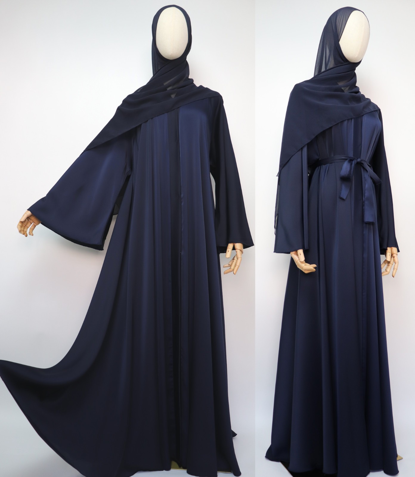 Dubai Abaya Crinkle Open Flare Umbrella Muslim Women Modest Dress Navy Blue