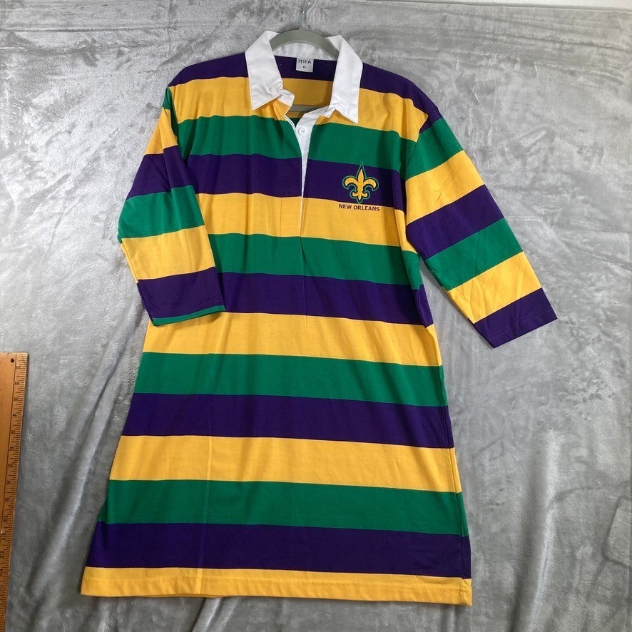 ITIYA XL Mardi Gras Rugby Dress New Orleans Fleur De Lis Striped Purple Green